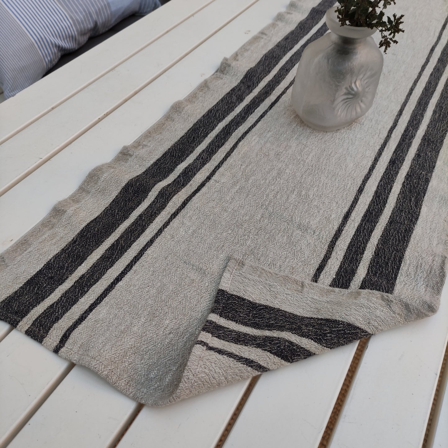 Linen runner - french sack linen. Green natur black striped Rustic linen Cottage farmhouse country style linen. Stonewashed. 100% flax