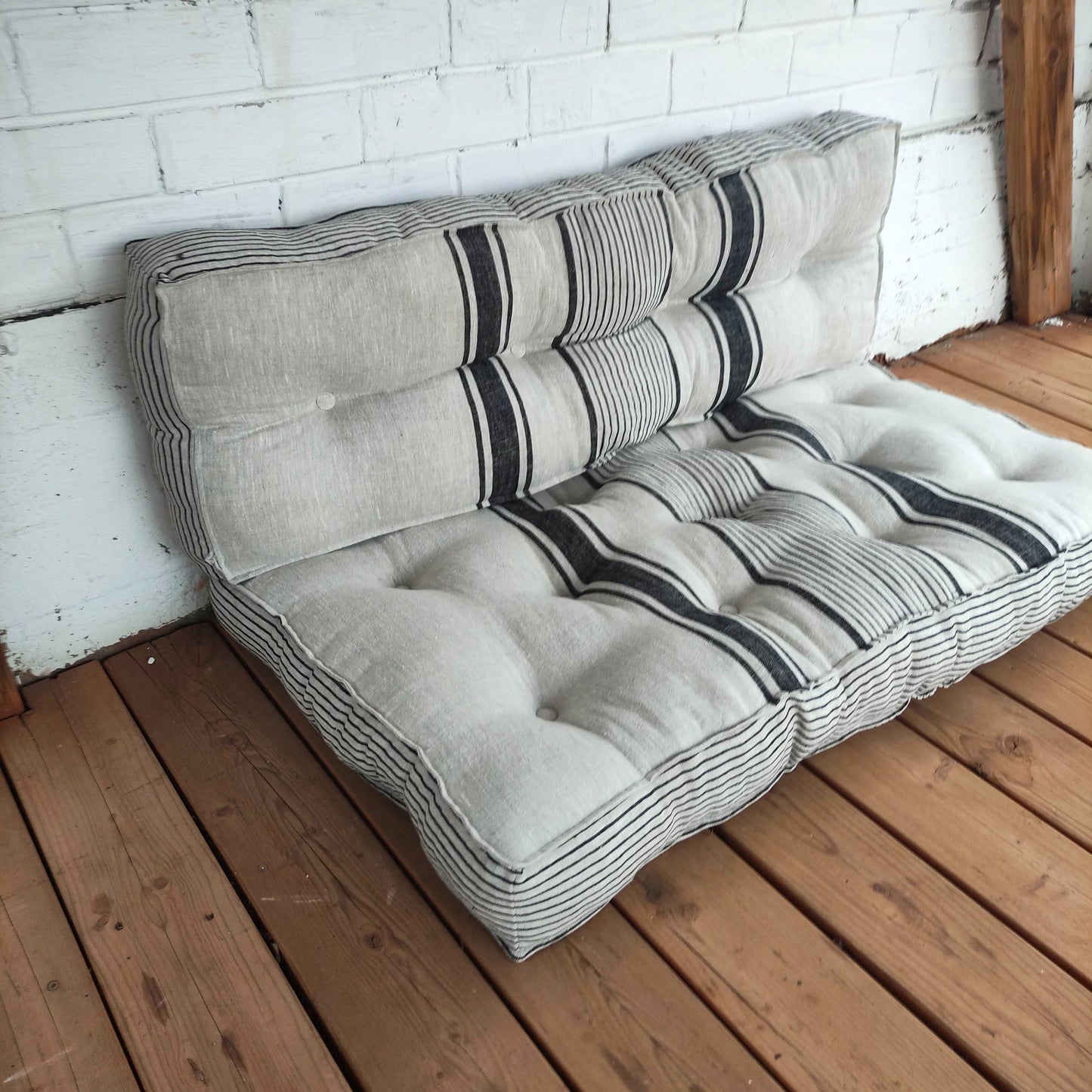 Bench cushion in French striped linen, floor cushion in Custom size, shikibuton thick mat Shiki futon filled organic fiber filler