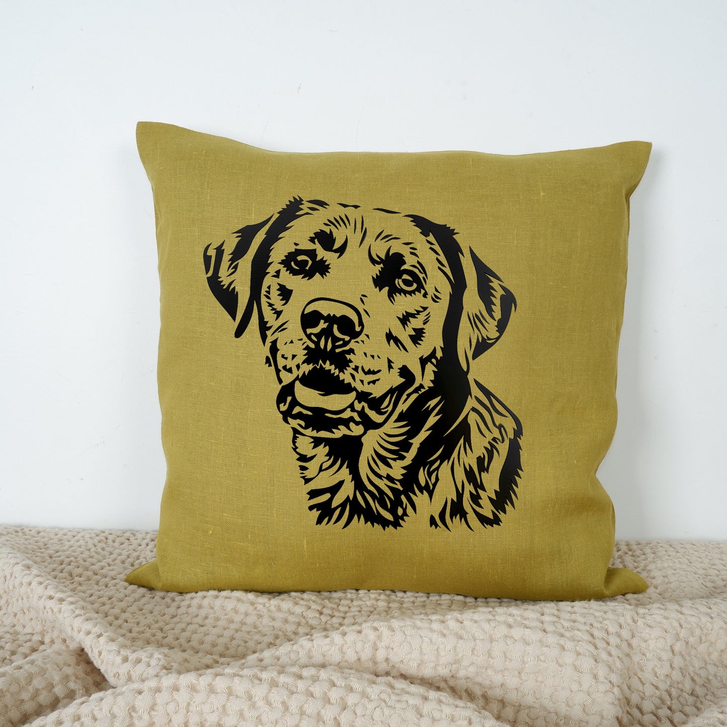SALE LINEN Cushion cover in blue with dog , decorative linen pillow cover cushion