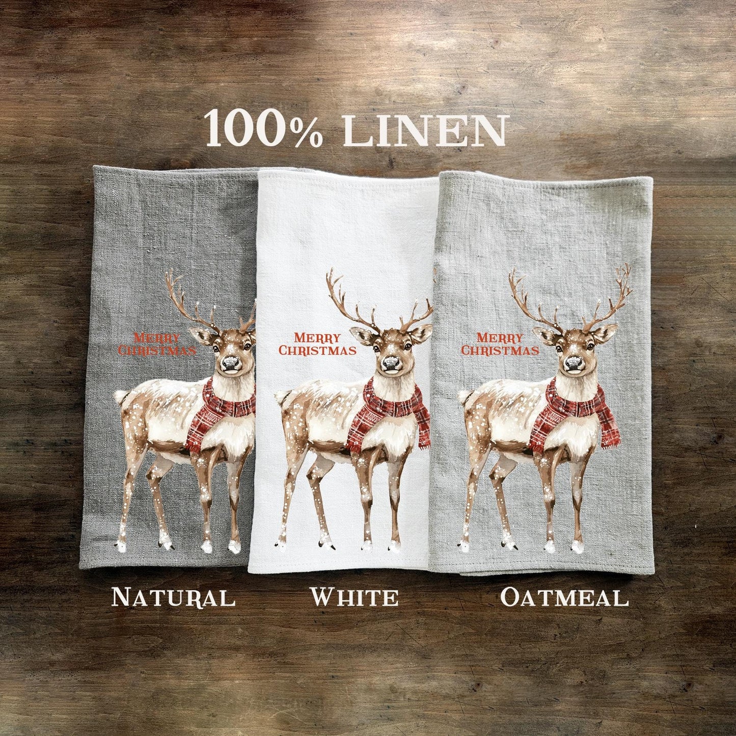 Christmas Tea Towel in linen, Reindeer Hand Towels Tea in linen Dish Holiday Kitchen Décor Feliz Navidad Frohe Weinachten Merry Christmas