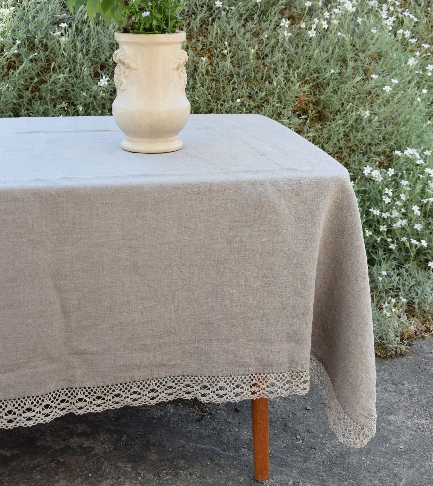 White laced linen tablecloth, 100% Linen tablecloth with LACES Romantic Luxury PREWASHED French table cloth rectangle square oval