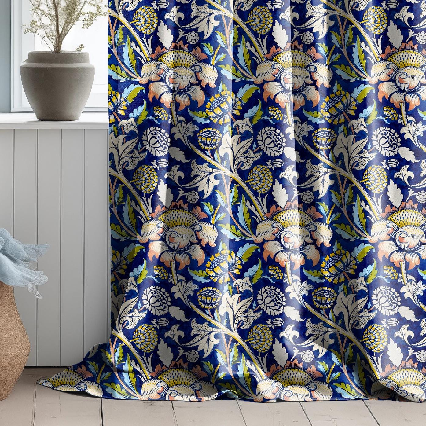 William Morris Curtain WEY, Floral Botanical Blue Print Curtain Panels, Curtains for living room