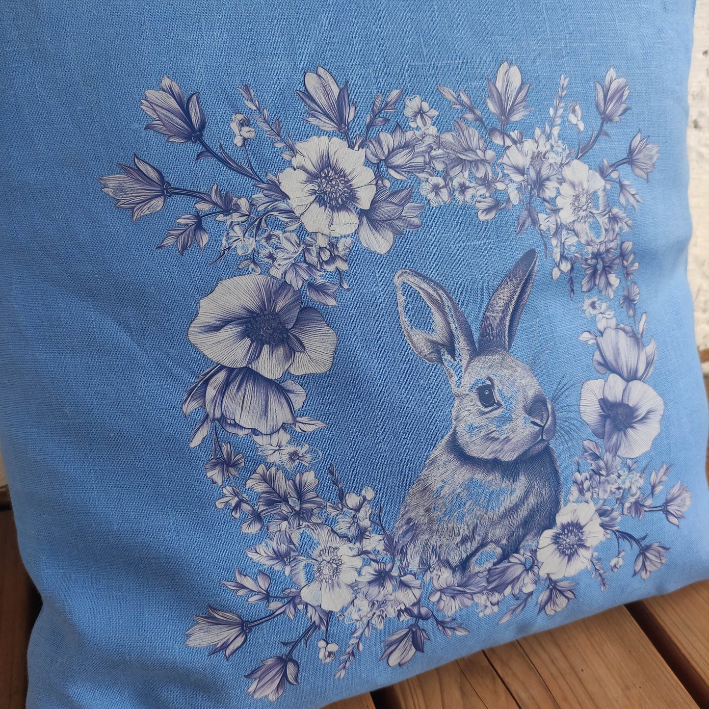 SALE LINEN Cushion cover in blue wreath with rabbit , decorative linen pillow cover 40%OFF cushion