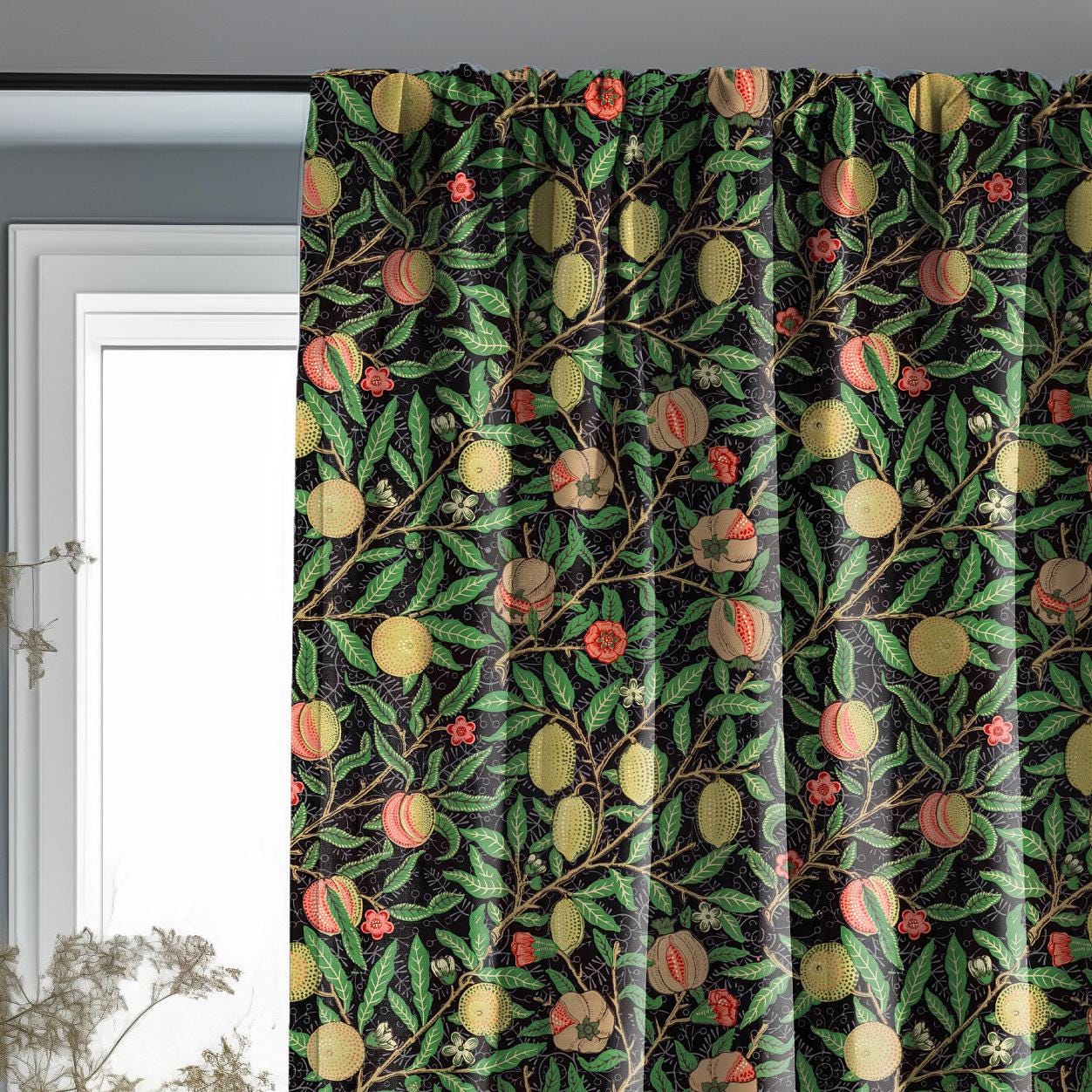 William Morris Curtain Panel Pomegranate, Floral Botanical Blue Print Curtain Panels, Curtains for living room