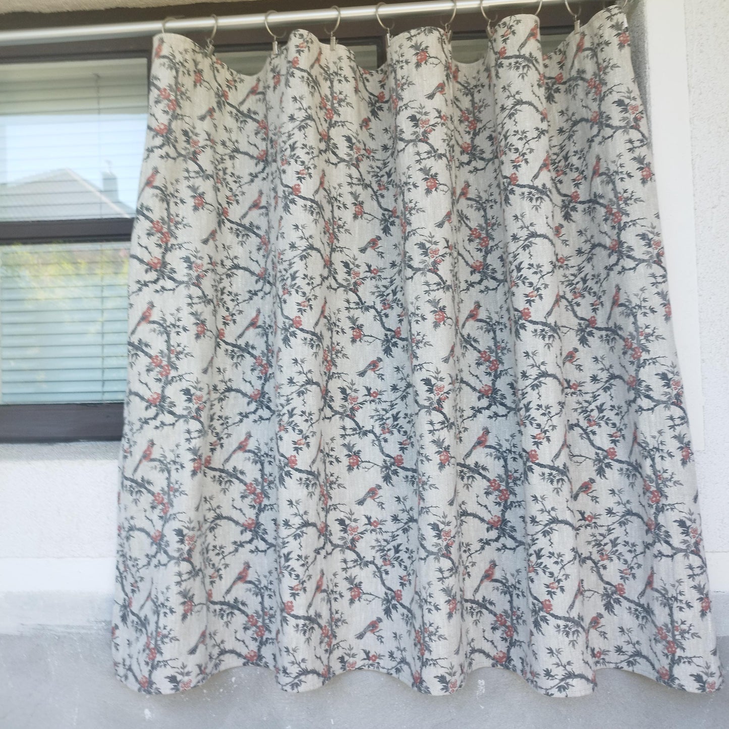 Curtains 100% Linen with botanical red black toile de jouy print PREWASHED. kitchen Living room farmhouse linen window panel