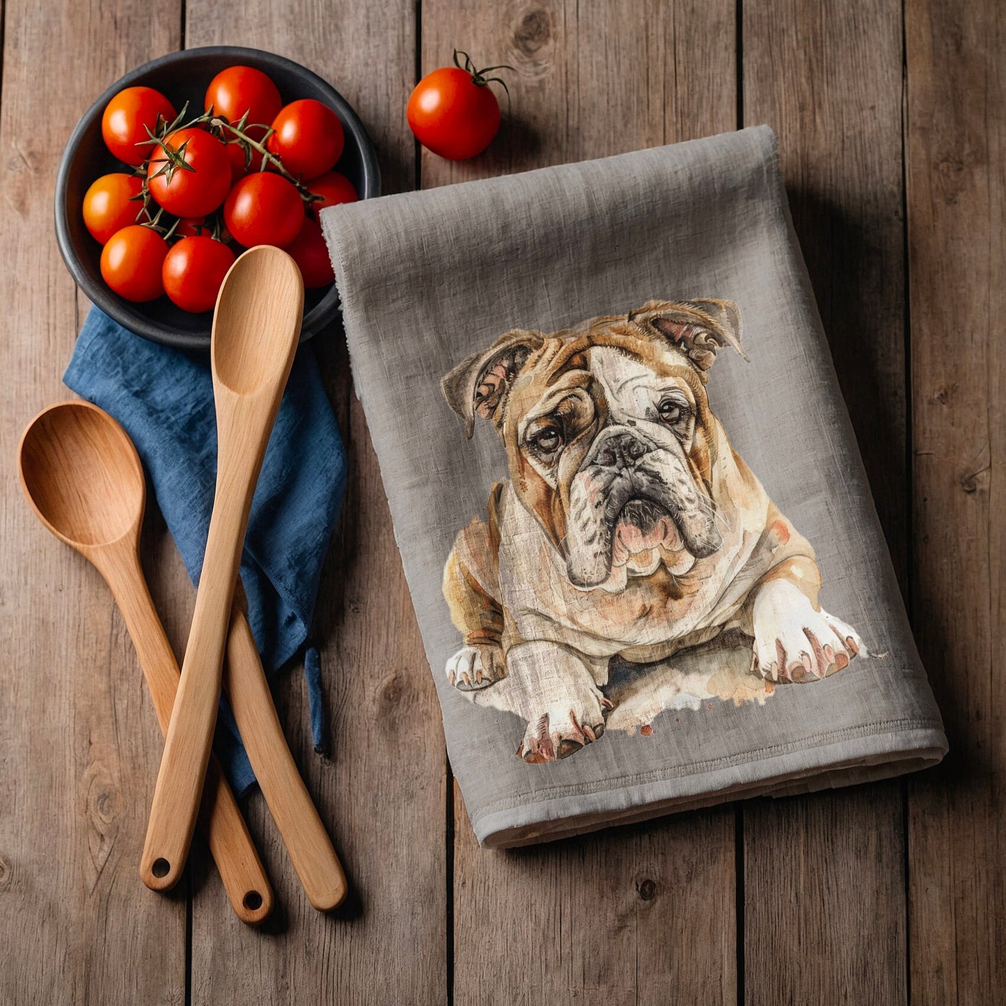 Buldog Tea Towel in linen, Dog lovers Hand Towels Tea, Farmhouse Dish Towel, Kitchen Décor Tea Towel
