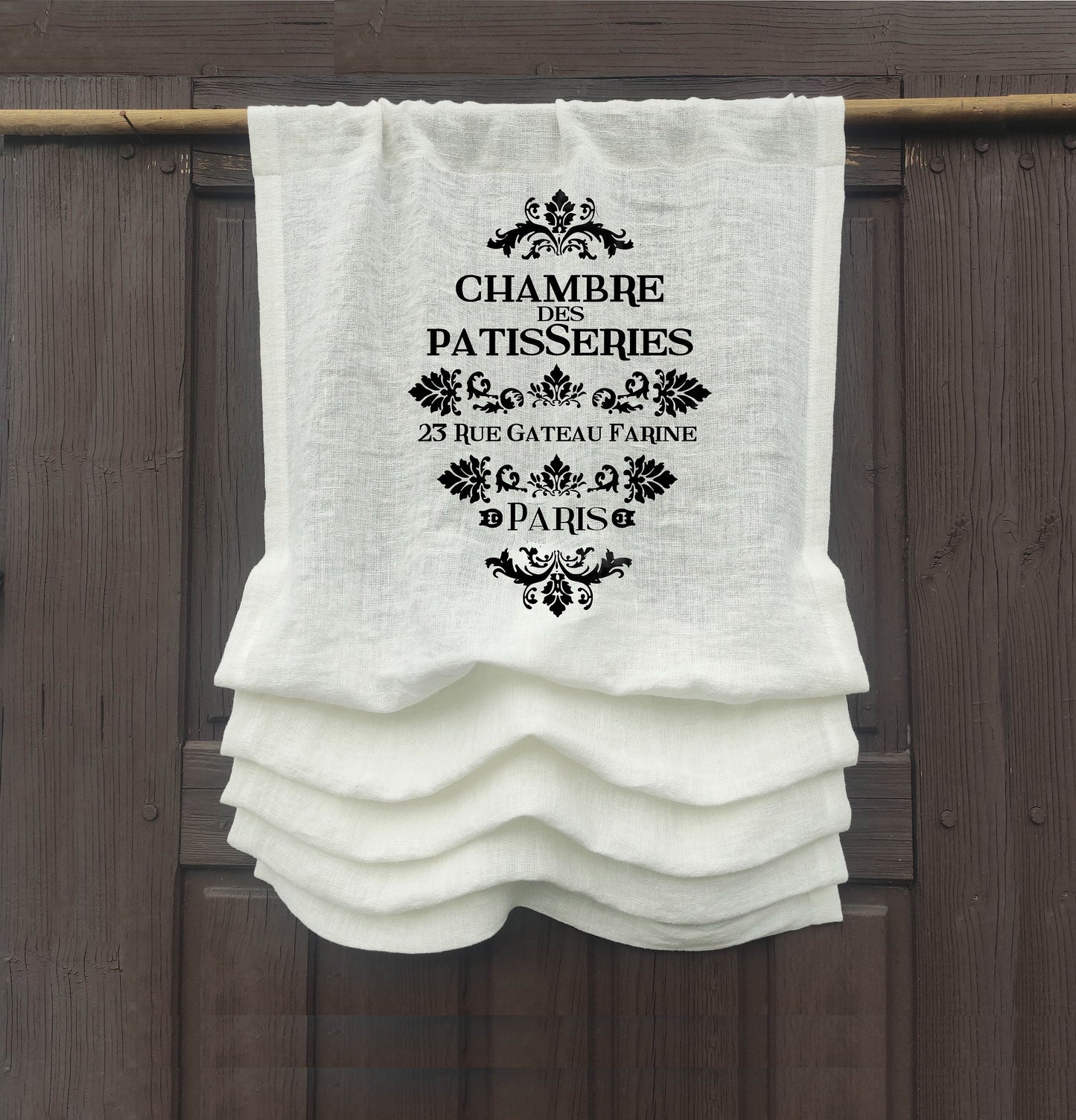 white French Door Curtain 1 Panel with chambre des patisseries stamp, curtain panels for door window in linen