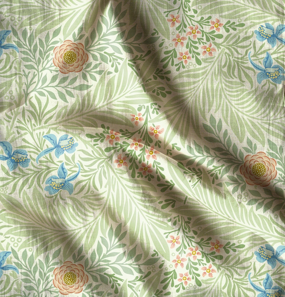 William Morris Curtain Panel Lakspur, Floral Botanical green Print Curtain Panels in custom size, Curtains for living room