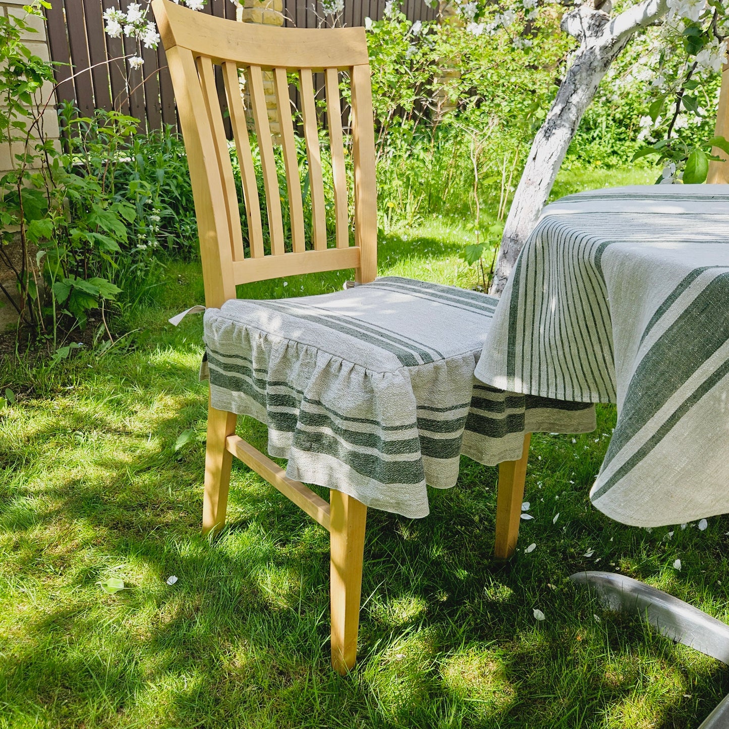 Linen Seat Cushion striped with ties - Striped Chair Pad Pillow - Natural French Style Heavy Weight 100% Linen Fabric french striped