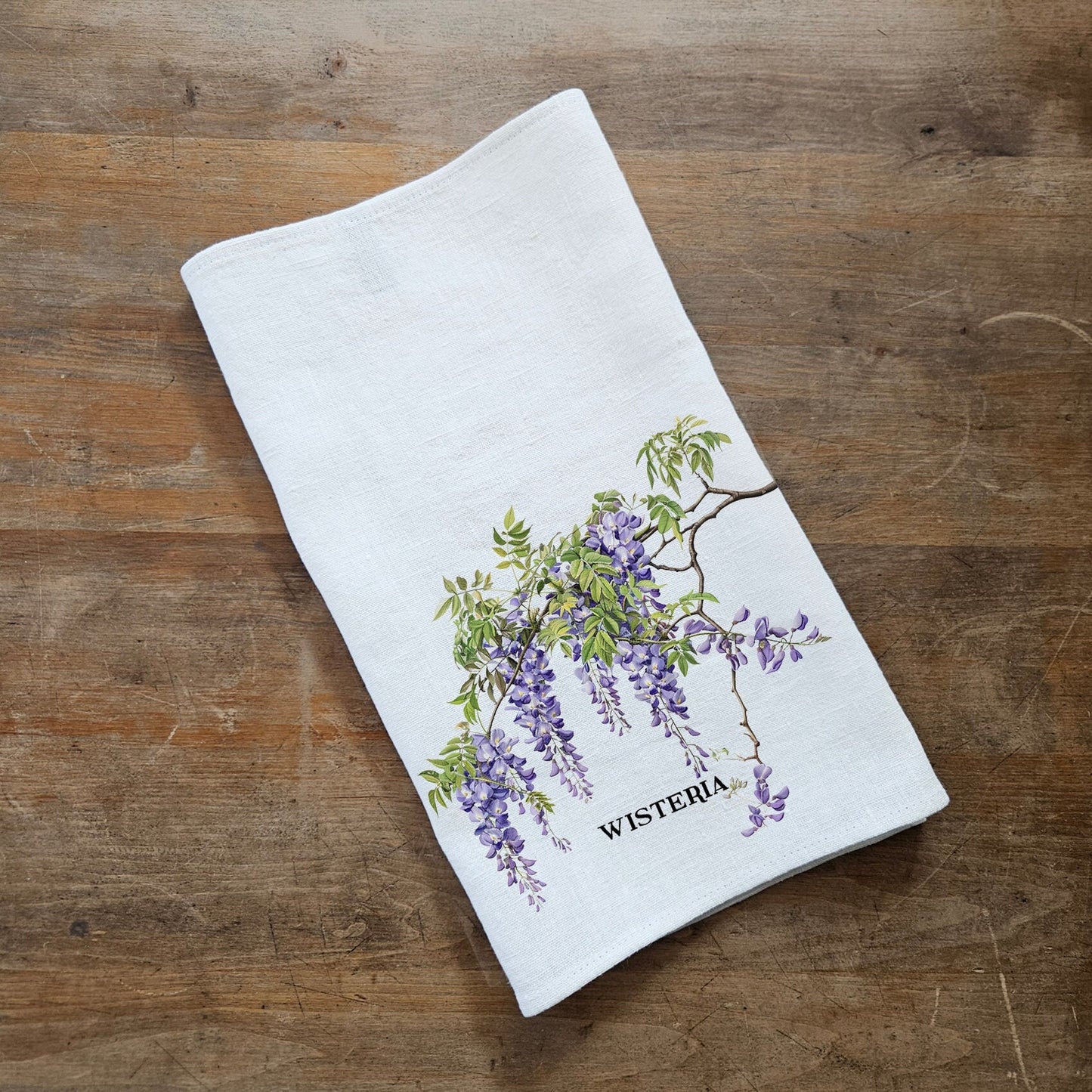 WisteriaTea Towel in linen, floral Hand Towels Tea, botanical Floral Dish Towel, purple flower Kitchen Décor Tea Towel