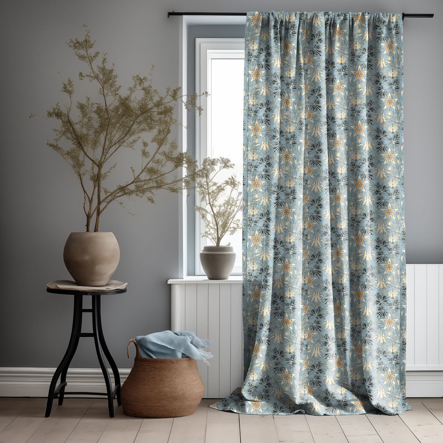 Columbine Curtain Panel from Maurice Pillard Verneuil, Floral blue Print Curtain Panels in custom size, Botanical Curtains for living room
