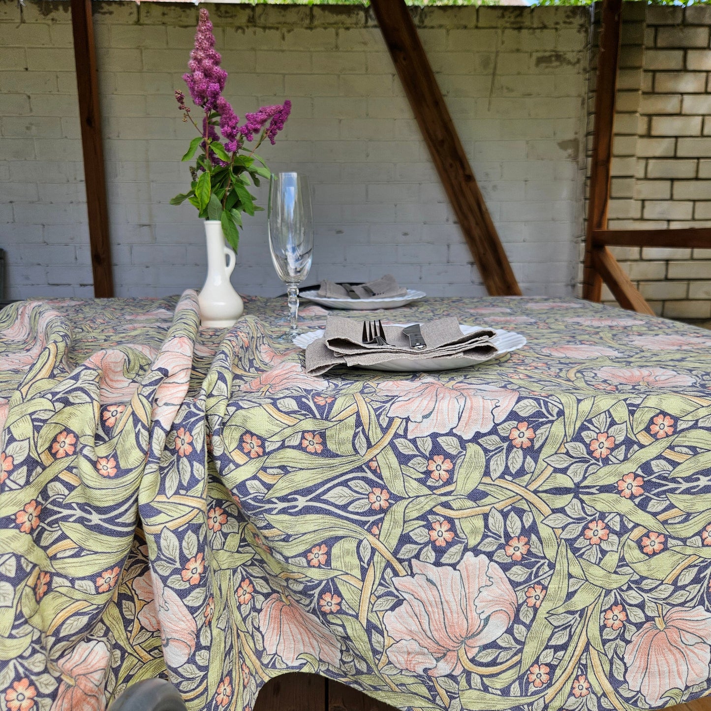 Linen foral tablecloth with birds, william Morris pimpernel tablecloth, arts and crafts movement tablecloth Victorian style