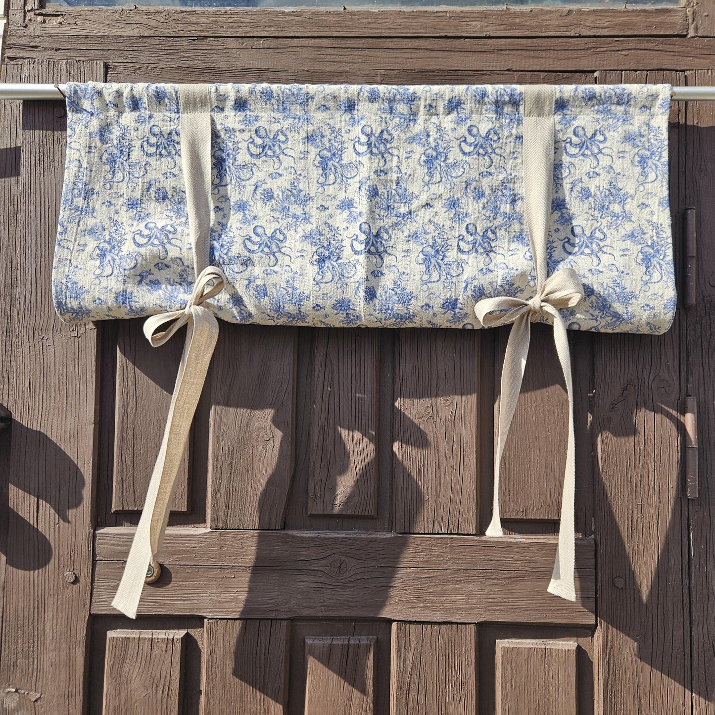 Linen curtains valance with tie up Octopus print - Nautical farmhouse kitchen door curtains in custom size with print
