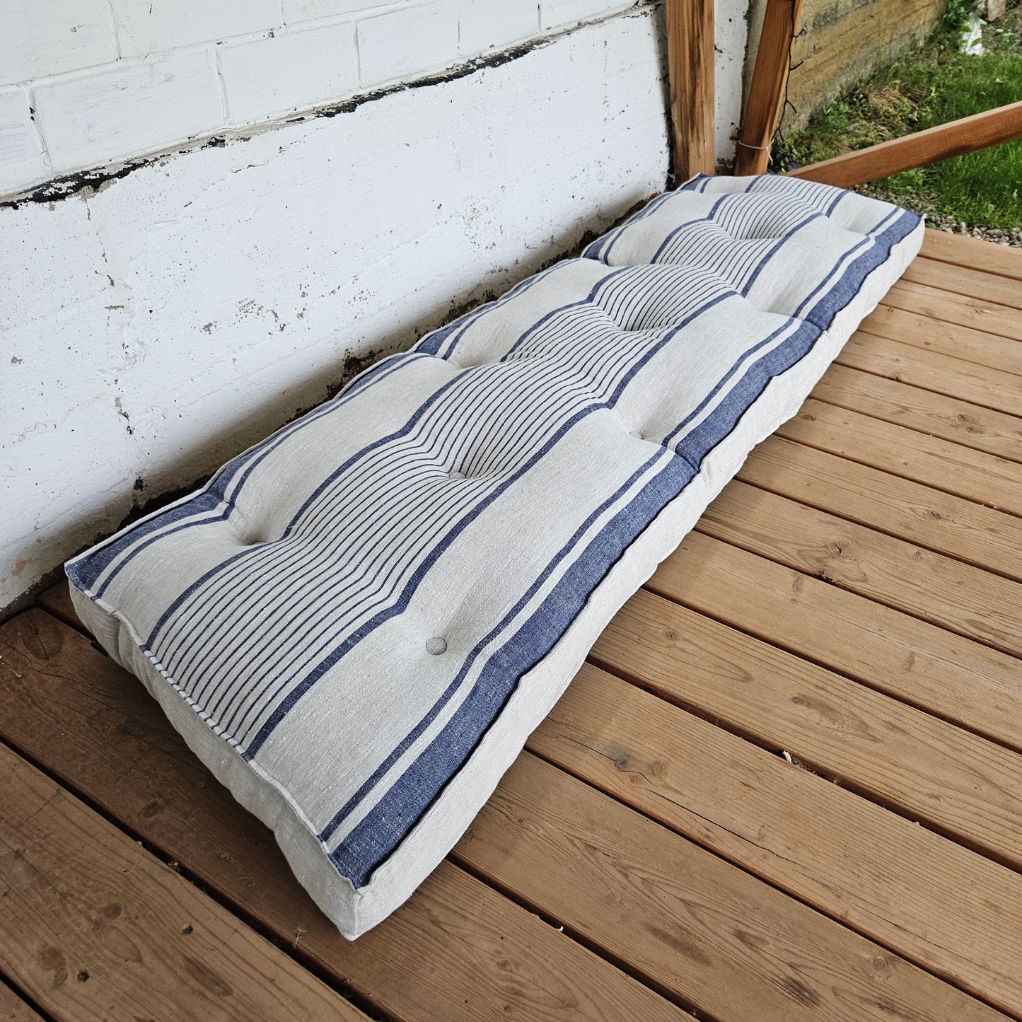 French striped linen floor cushion in Custom size, Linen french cushion, shikibuton thick mat Shiki futon filled organic fiber filler