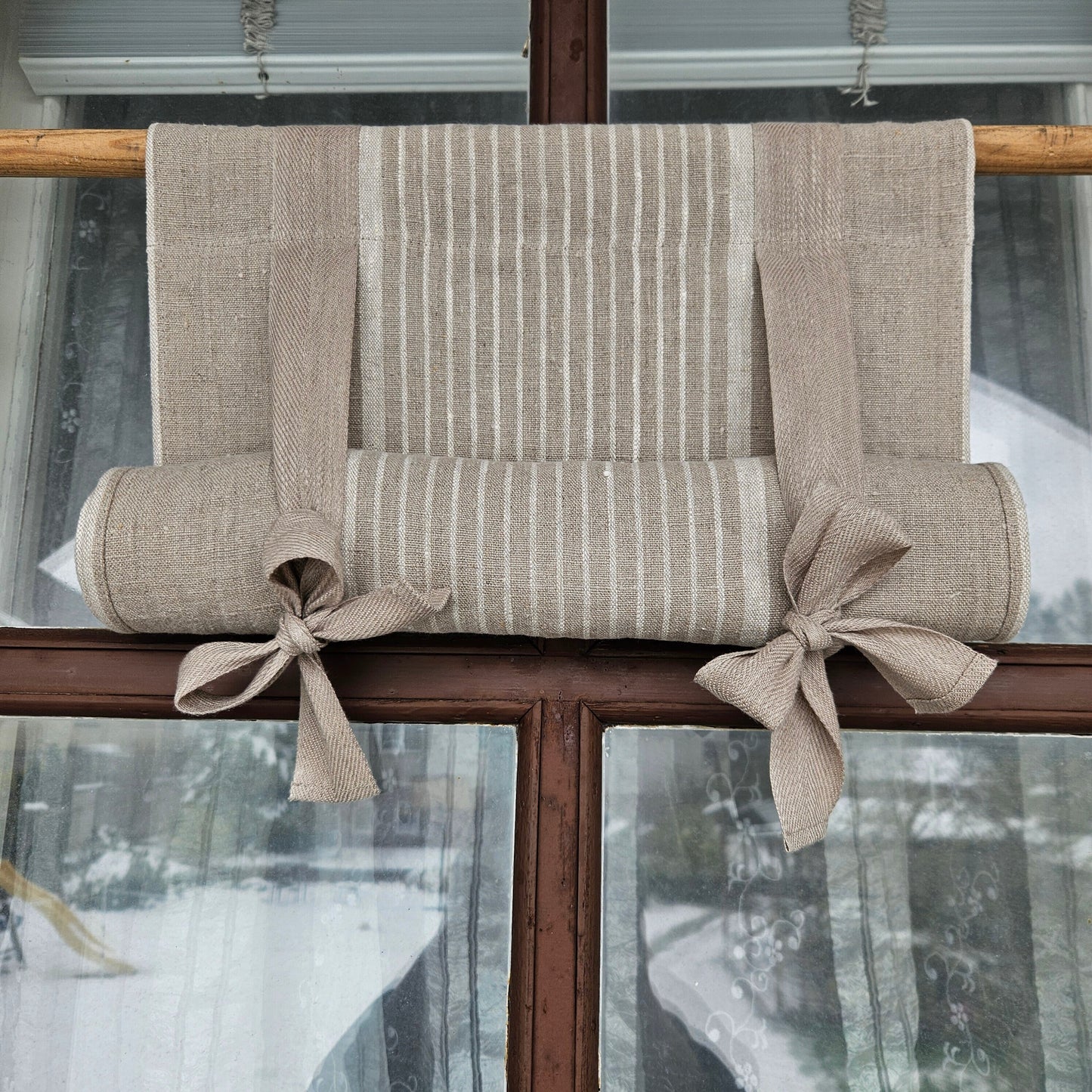 Striped Linen curtains valance with tie up , french farmhouse kitchen door curtains in custom size green stripes