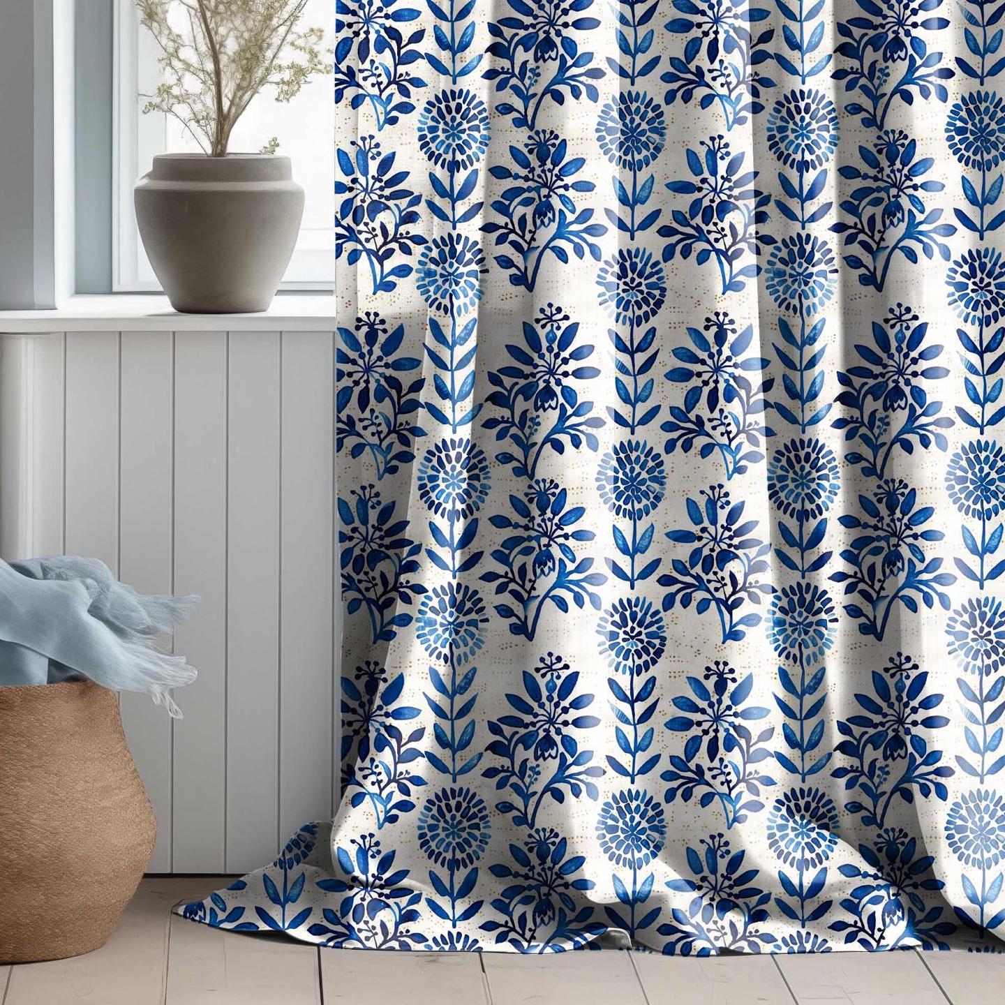 Floral Curtain Panel with indigo blue block print, Floral Botanical Print Curtains Panels in custom size, Botanical Curtains for living room