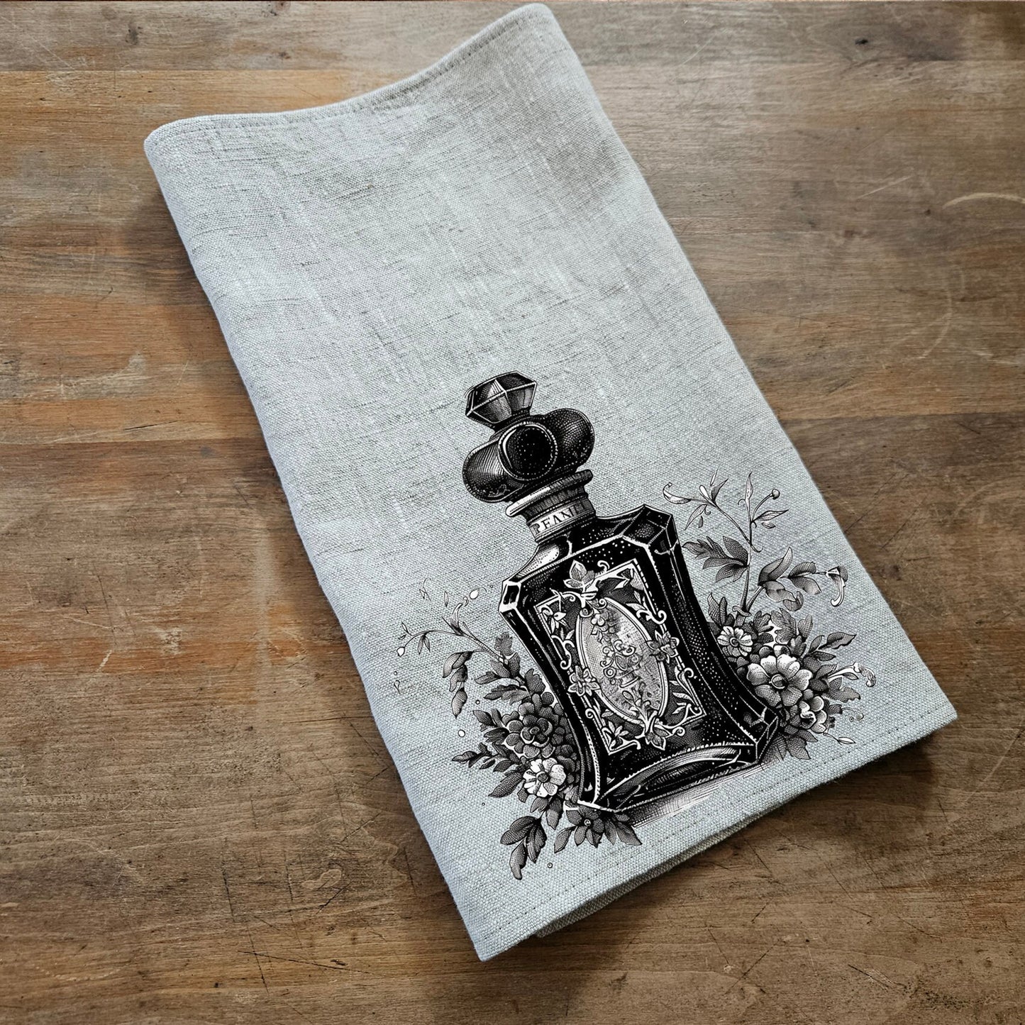 Pink Parfum Tea Towel in linen, floral roses Hand Towels Tea, black Frech Dish Towel, botanical parfum Kitchen Décor Tea Towel