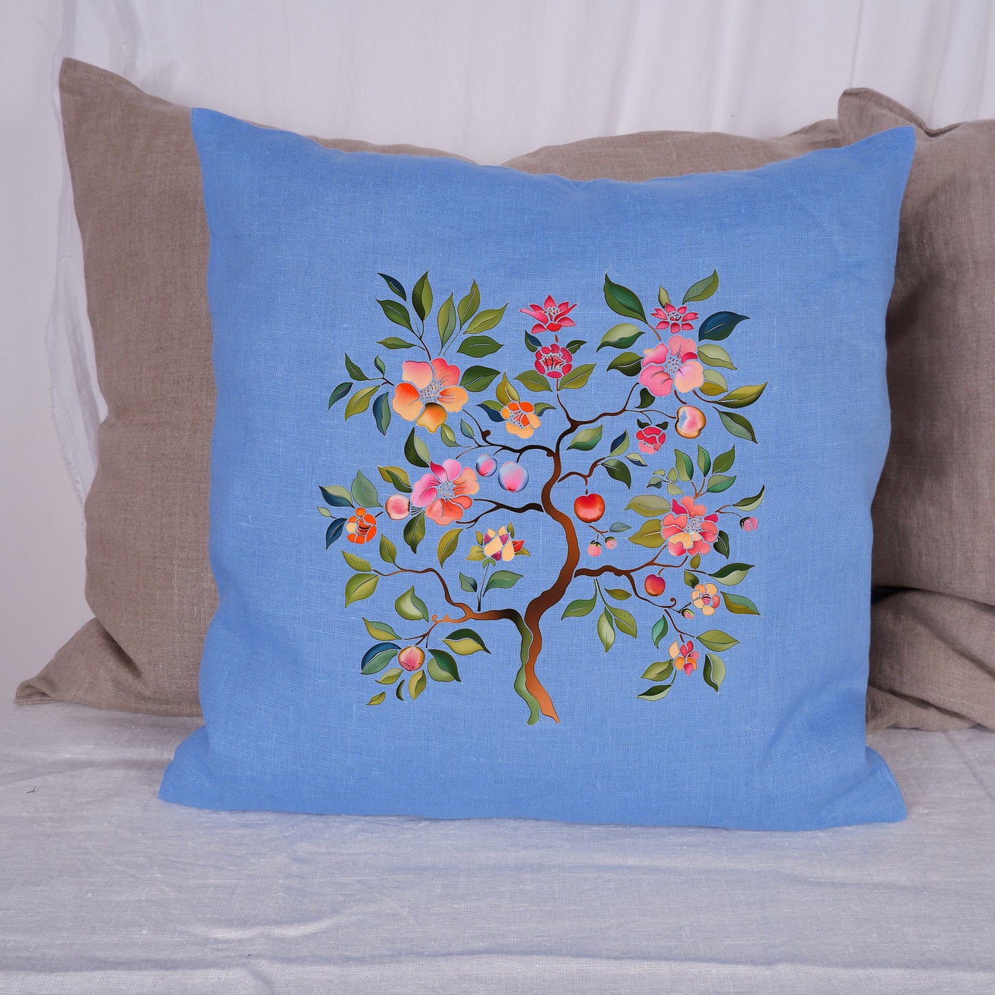 SALE LINEN Cushion cover Nordic folk art in beige, decorative linen pillow cover , Floral Summer Woodland Cushion Housewarming Gift