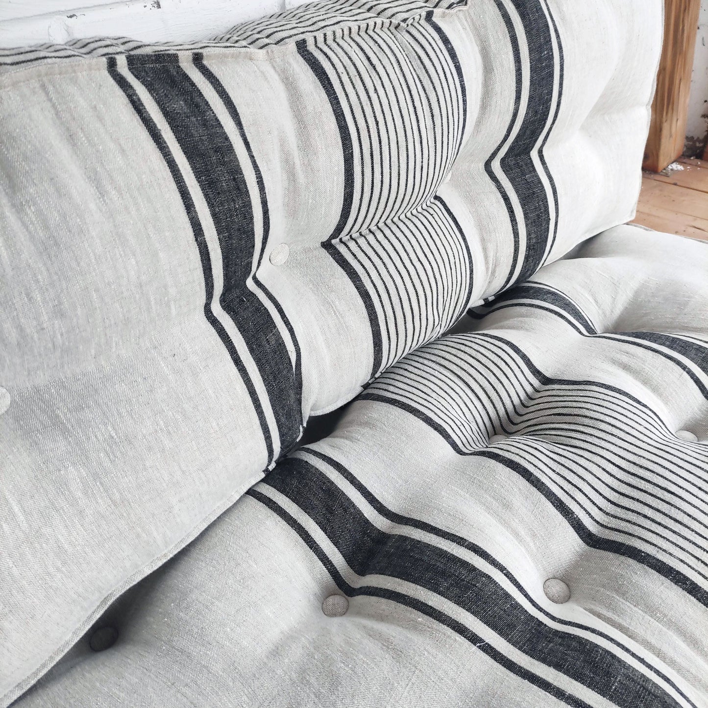 Bench cushion in French striped linen, floor cushion in Custom size, shikibuton thick mat Shiki futon filled organic fiber filler