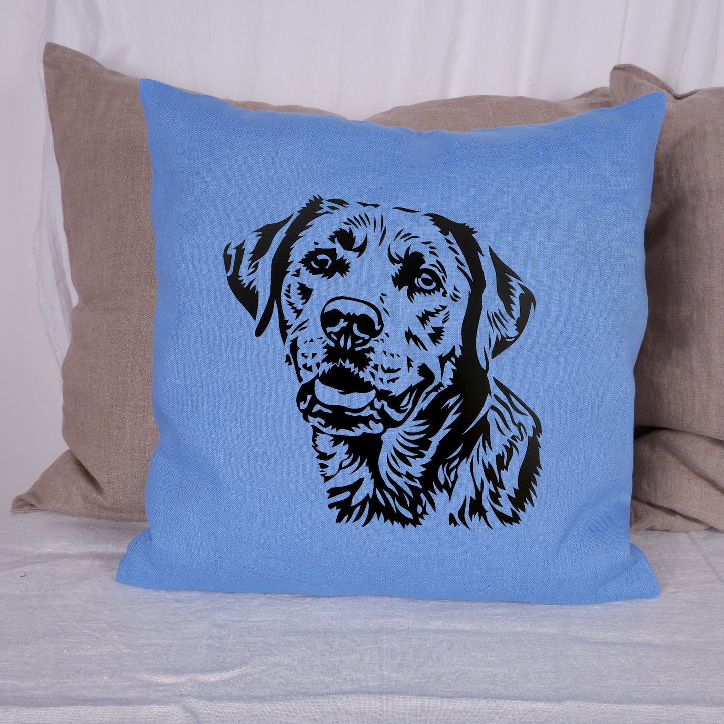 REA LINNE Kuddfodral i blått med hund, dekorativt linneörnfodral kudde