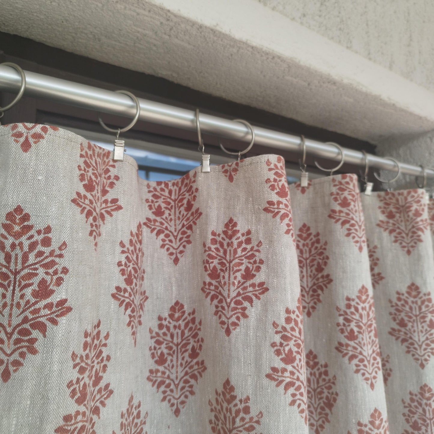 Curtains 100% Linen with red block print PREWASHED. kitchen Living room farmhouse curtains. Bedroom floral linen window panel