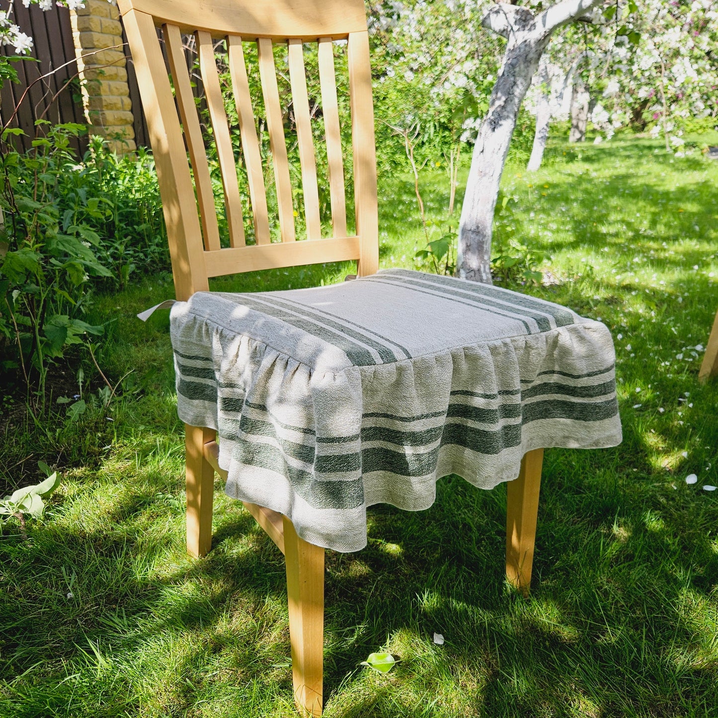 Linen Seat Cushion striped with ties - Striped Chair Pad Pillow - Natural French Style Heavy Weight 100% Linen Fabric french striped