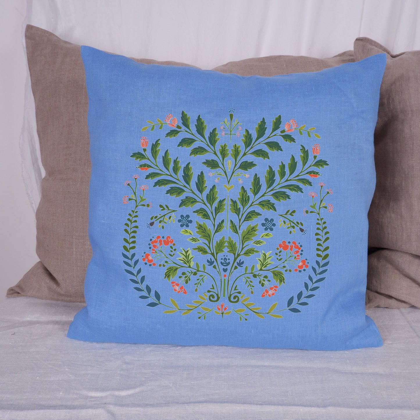 SALE LINEN Cushion cover with botanical folk art print , decorative linen pillow cover with floral print , Housewarming Gift