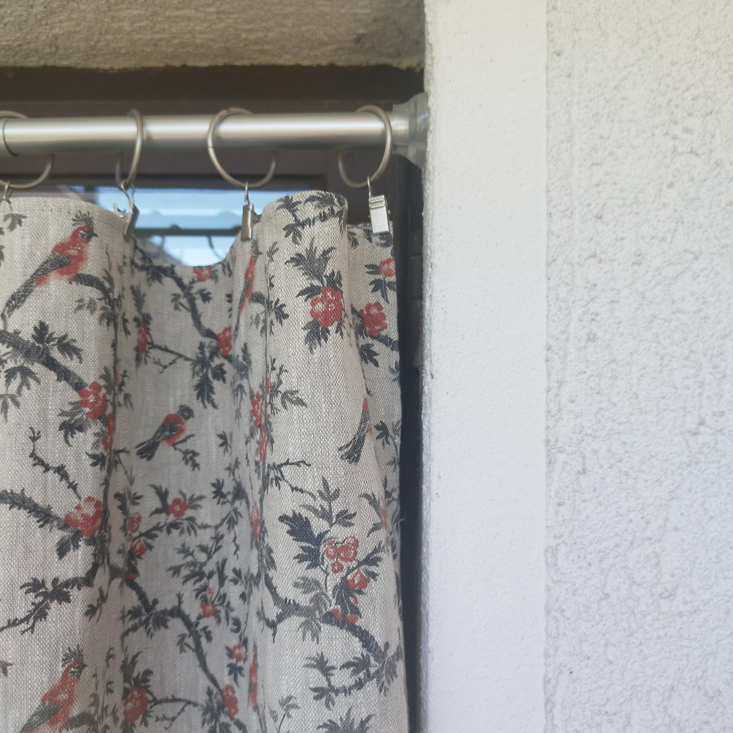 Curtains 100% Linen with botanical red black toile de jouy print PREWASHED. kitchen Living room farmhouse linen window panel