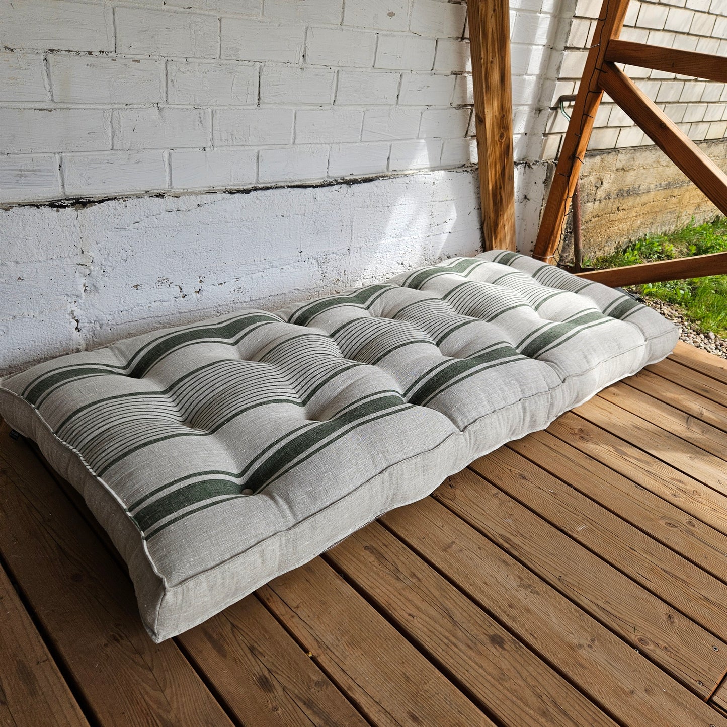 French striped linen floor cushion in Custom size, Linen french cushion, shikibuton thick mat Shiki futon filled organic fiber filler