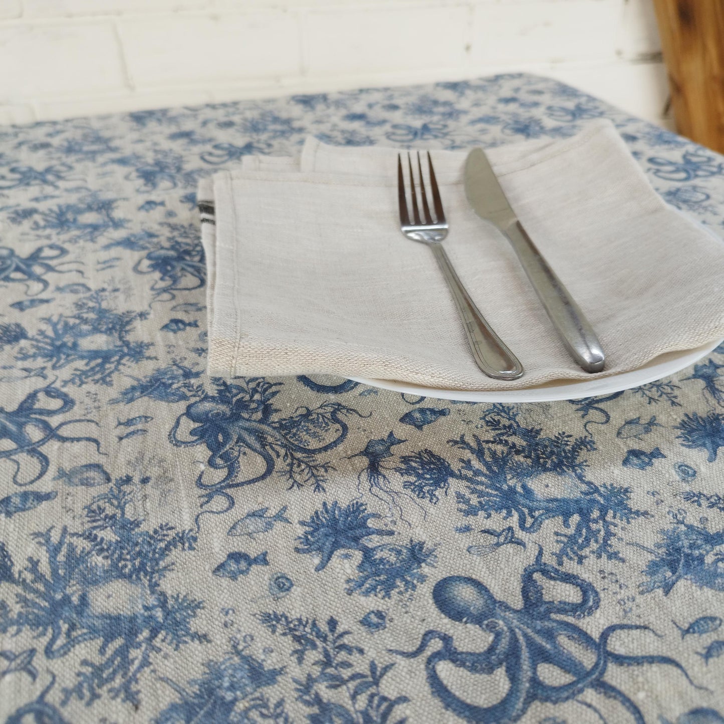 Linen foral tablecloth Blue Coastal with octopus print, French Retro Vintage table cloth Bohemian Blue on natural linen