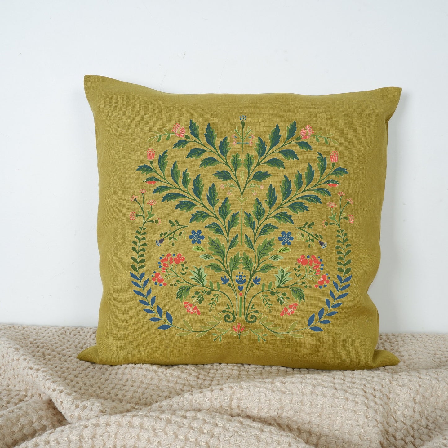 SALE LINEN Cushion cover with botanical folk art print , decorative linen pillow cover with floral print , Housewarming Gift