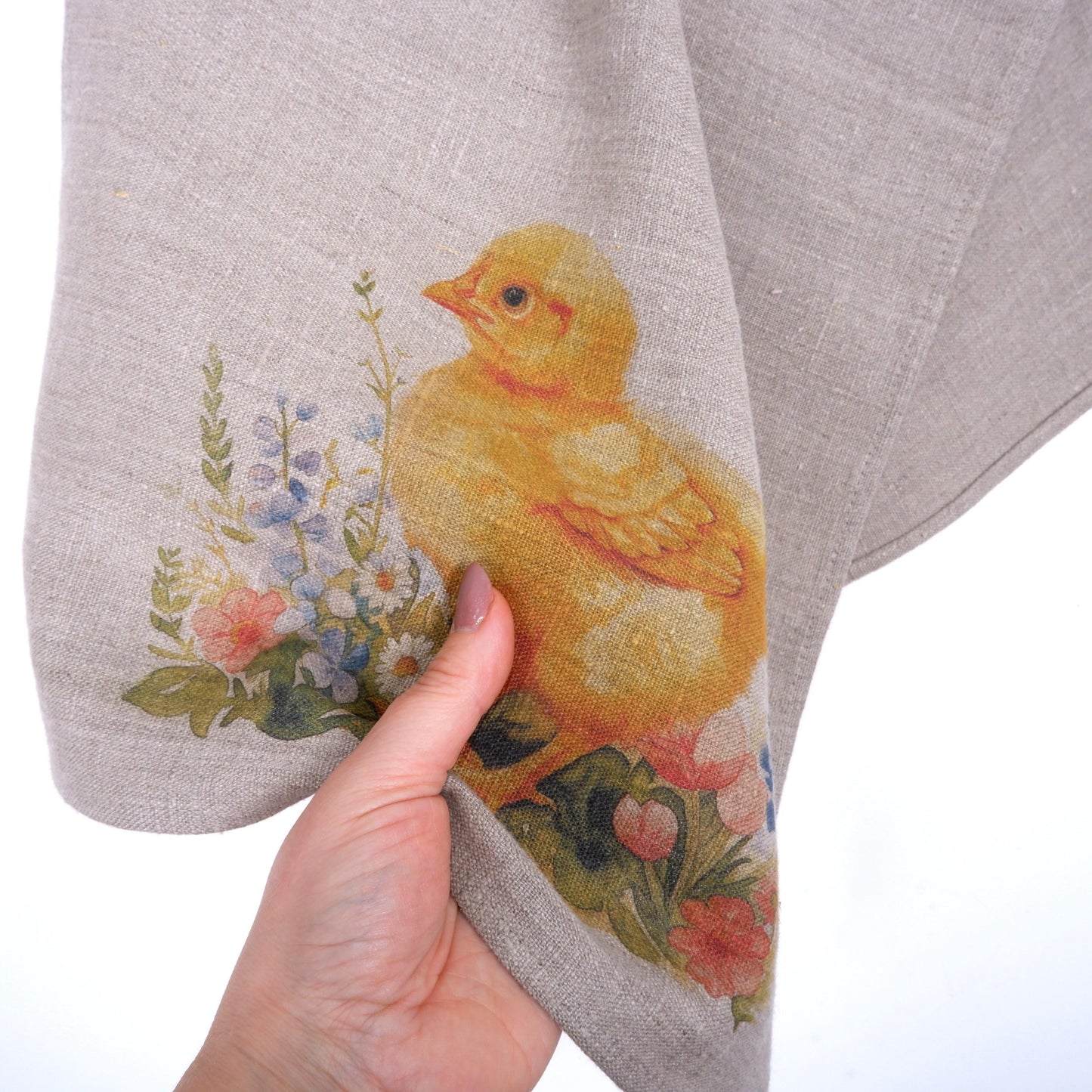 Little Chicken Floral Tea Towel in linen - Easter Hand Towels Tea - Farmhouse Floral Dish Towel - Kitchen Décor Easter Kitchen Tea Towel