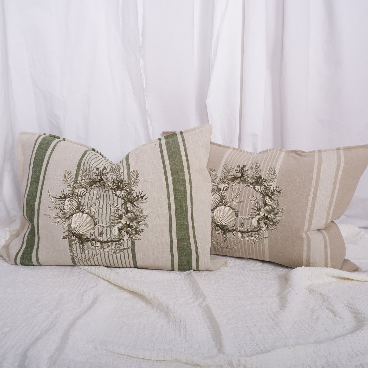 Vintage Pillow with print, Antique Pillow, Grainsack Pillow, Grain sack Pillow Cover with Beige Stripe, Sofa Cushion Cover