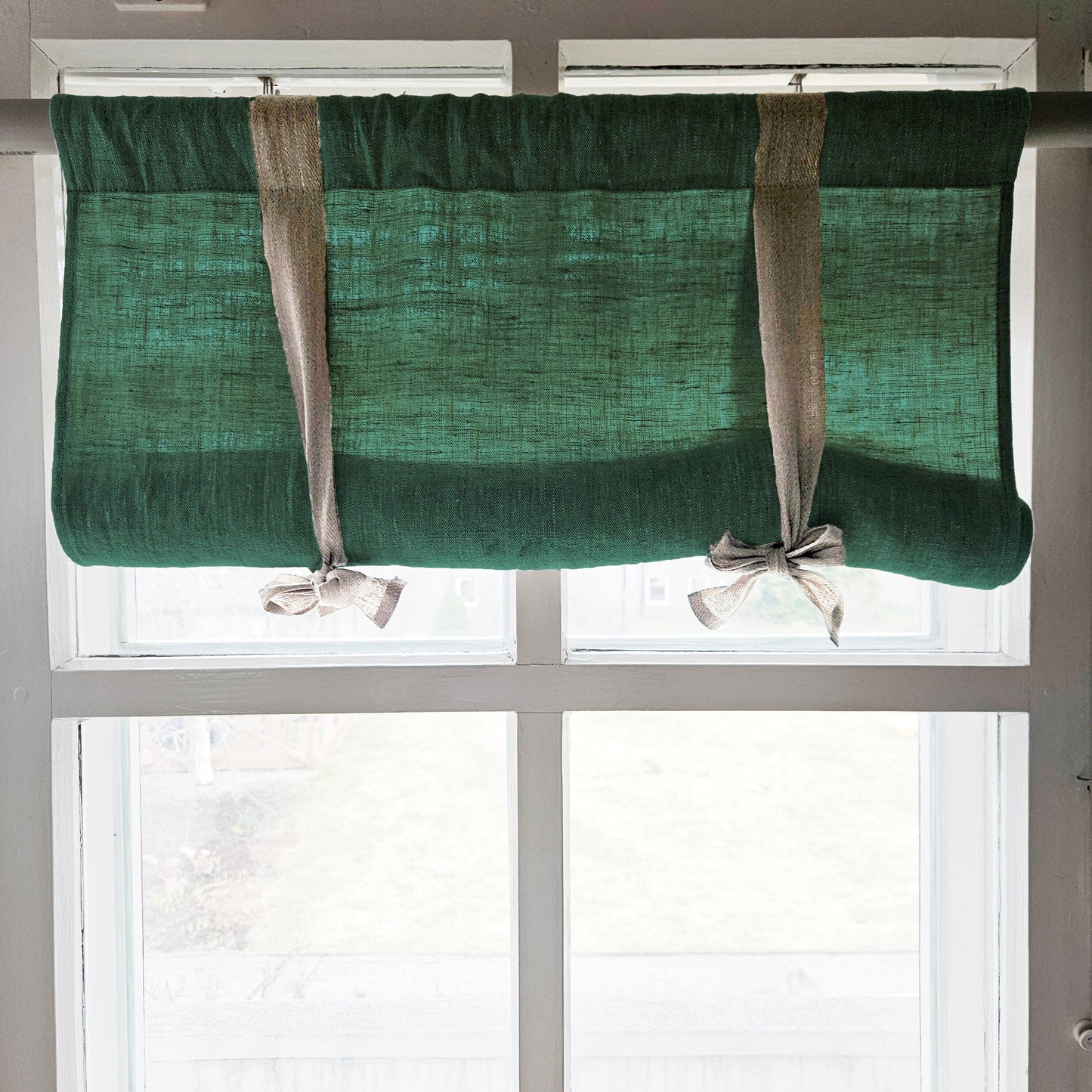 Linen curtains valance with tie up green, farmhouse kitchen curtains in natural green