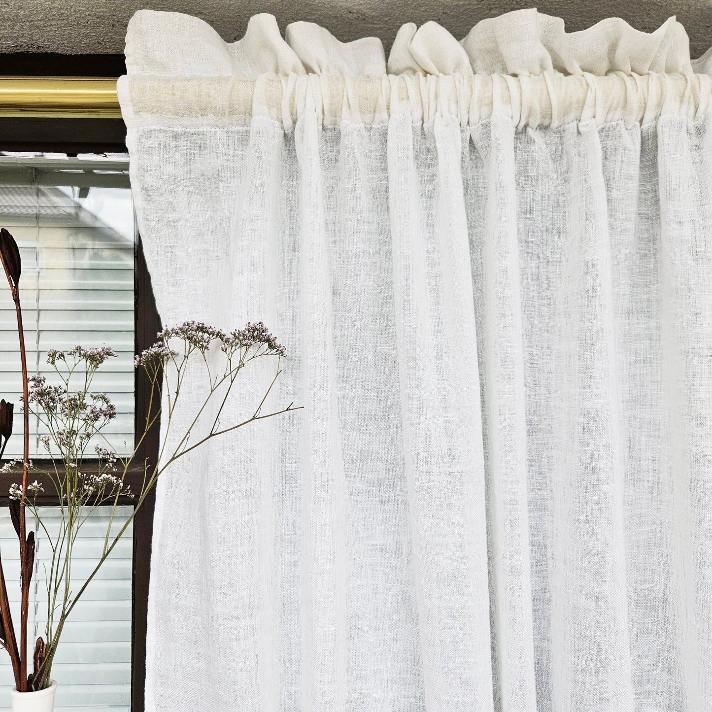 White linen Cafe Curtains in sheer linen, kitchen curtains with top and bottom rod pocket Farmhous window panel, window curtain custom size