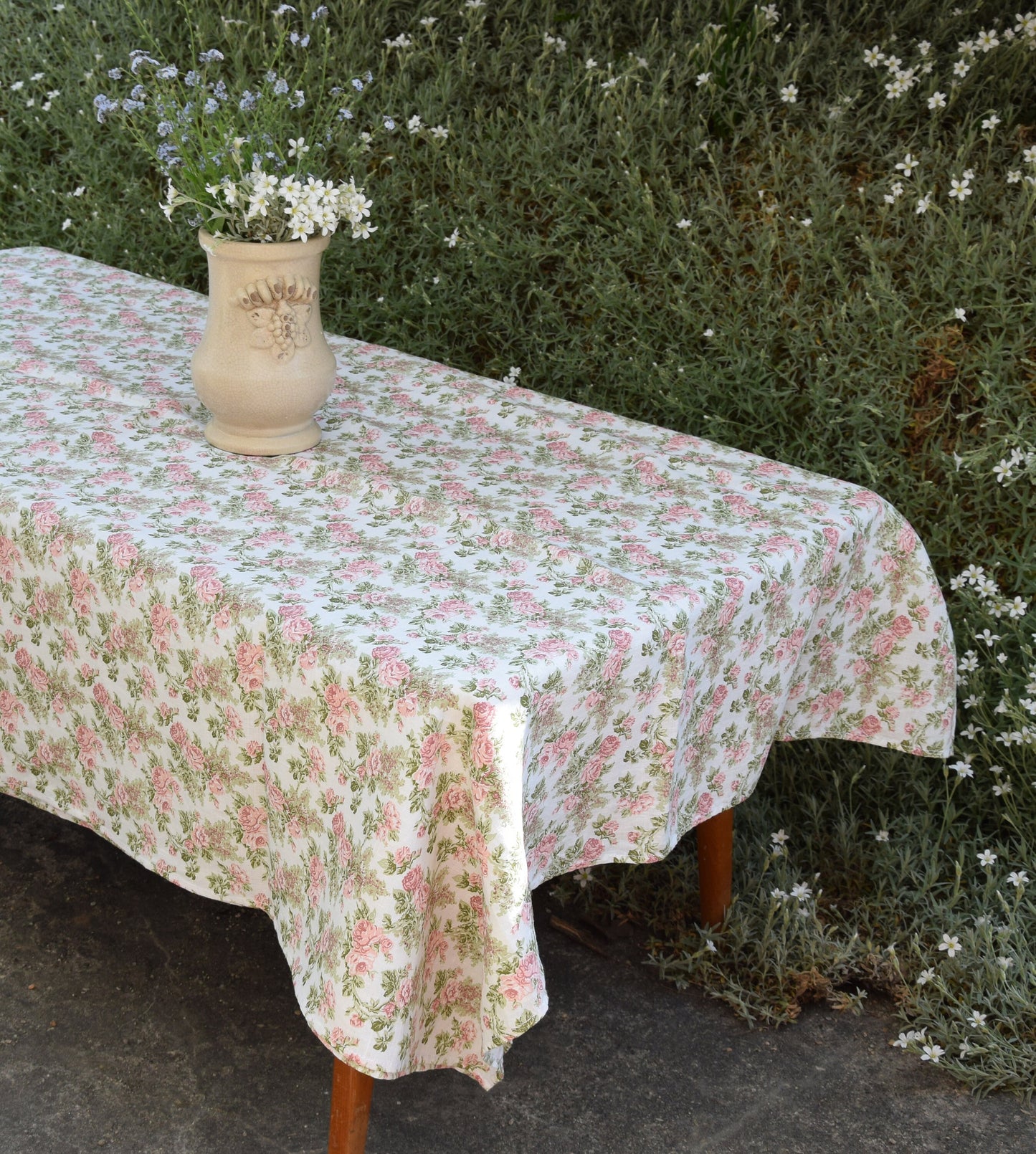 100% Linen tablecloth PREWASHED Provence Roses print French table cloth rustic rectangle square oval Grey Blue country style flax custom
