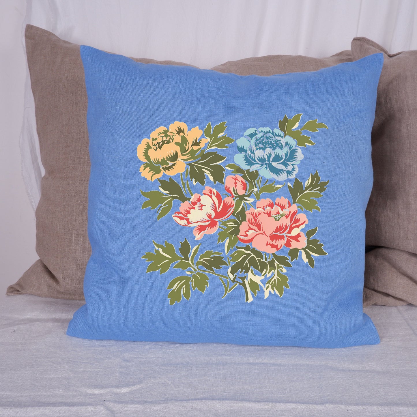 SALE LINEN Cushion cover with peony print , decorative linen pillow cover with folk art print , Floral Housewarming Gift