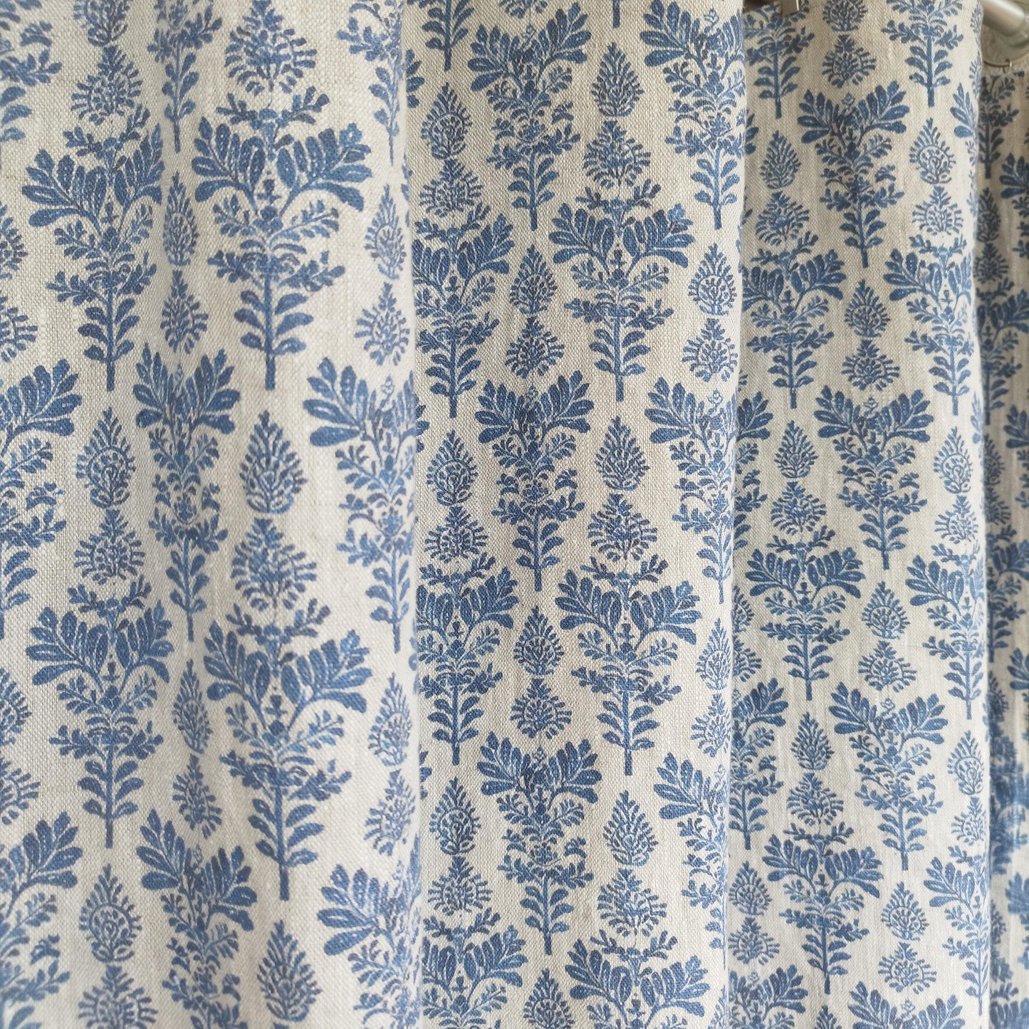 Curtains 100% Linen blue french block print floral PREWASHED. kitchen Living room farmhouse curtains. Bedroom window panel in linen