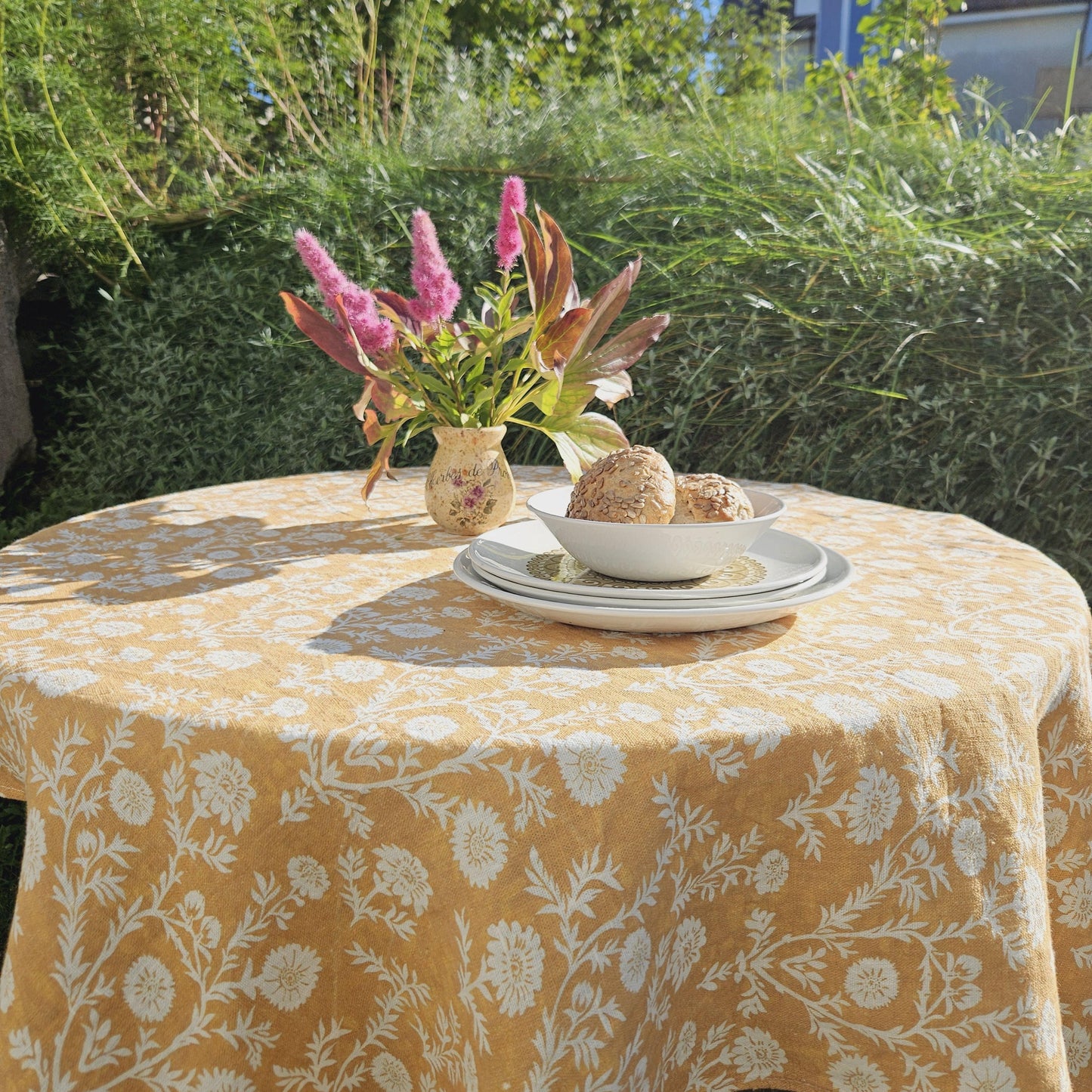 Linen foral tablecloth in mustard black print floral, Sophisticated designer contemporary tablecloth in linen