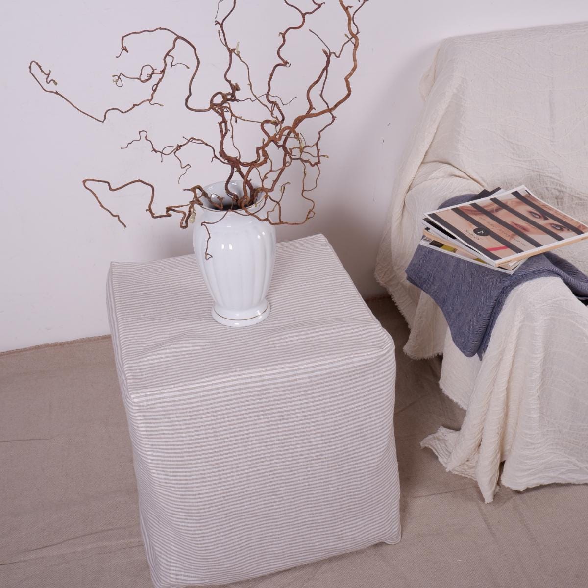 Linen Ottoman slipcover in custom size, natural cover Custom ikea linen cover cube slip cover for bench pouf sofa cover customsize