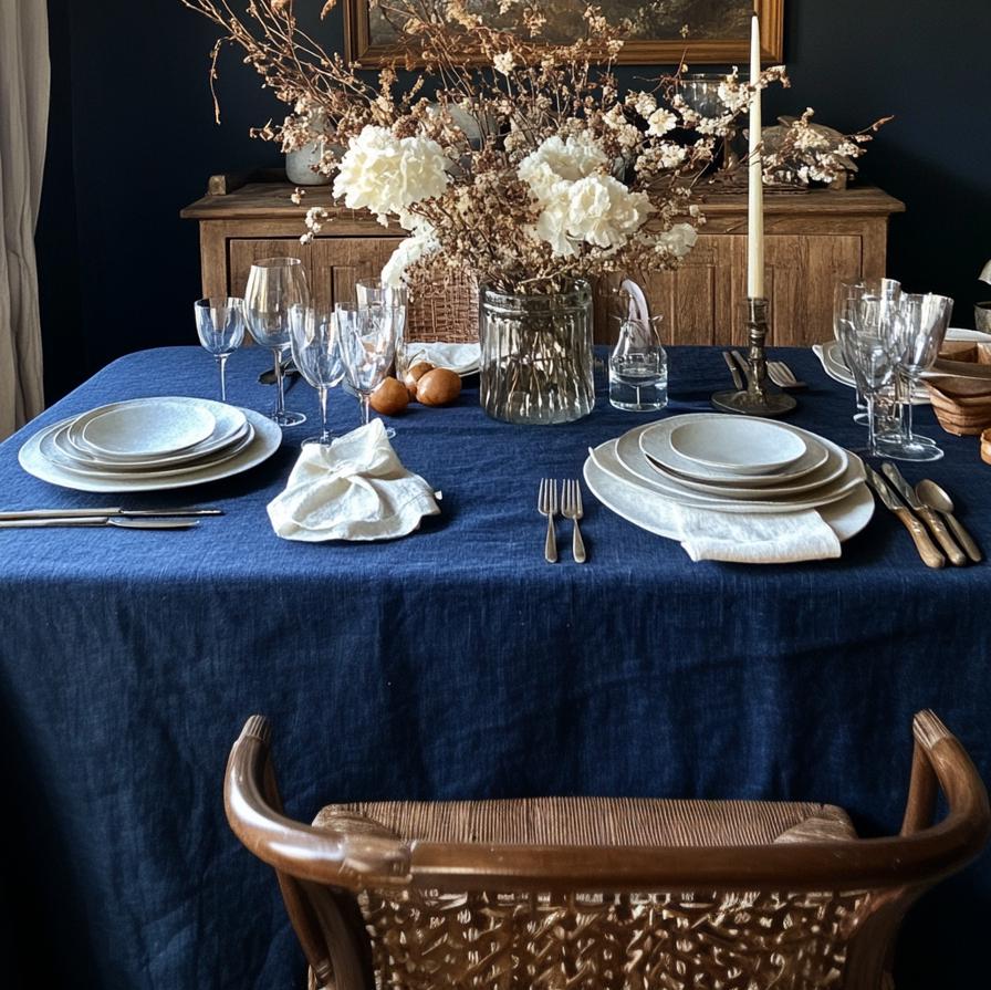 Heavy linen tablecloth for dinning table in gingham check, designer linen table cloth Retangle Square or Round in navy blue or other colors