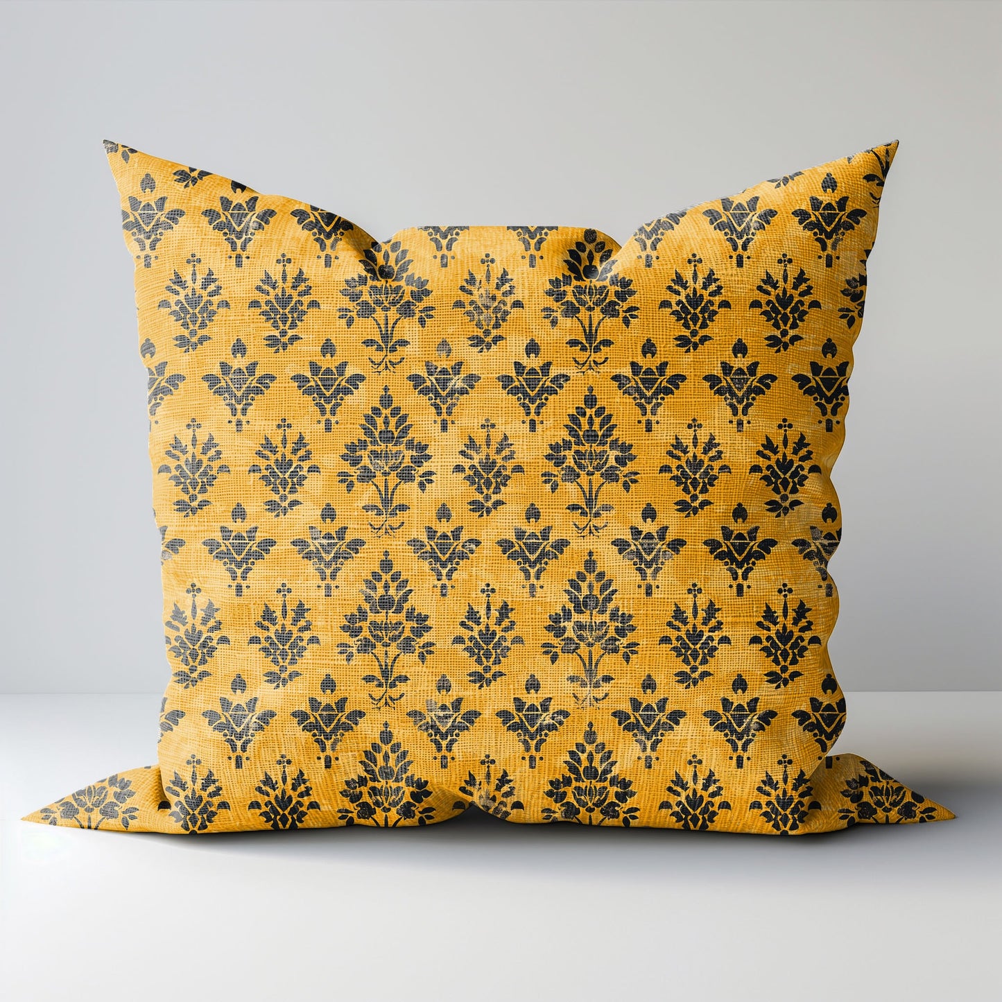 Designer örngott med senapsgult blommönster på linne, vitgul senapsgult boho-kudde, lantlig blommönster kudde med blocktryck på lin