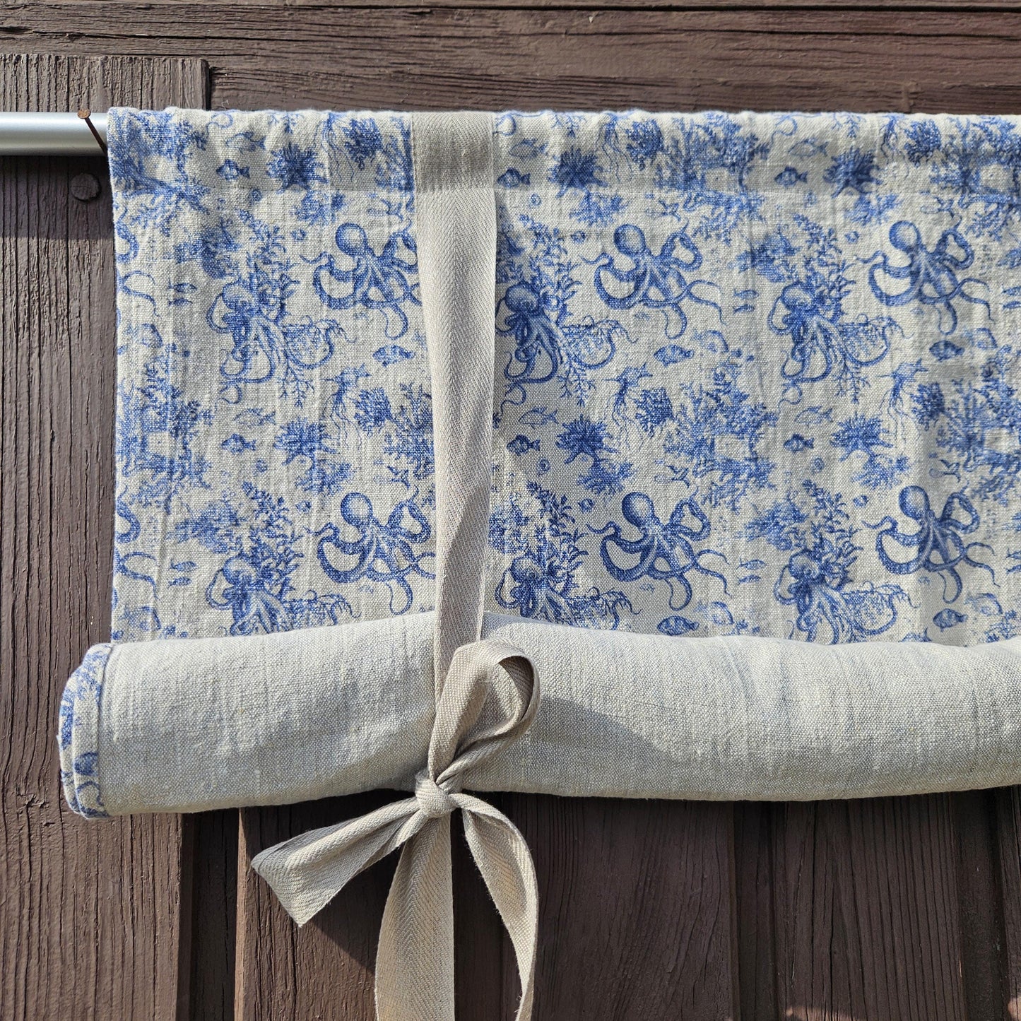 Linen curtains valance with tie up Octopus print - Nautical farmhouse kitchen door curtains in custom size with print