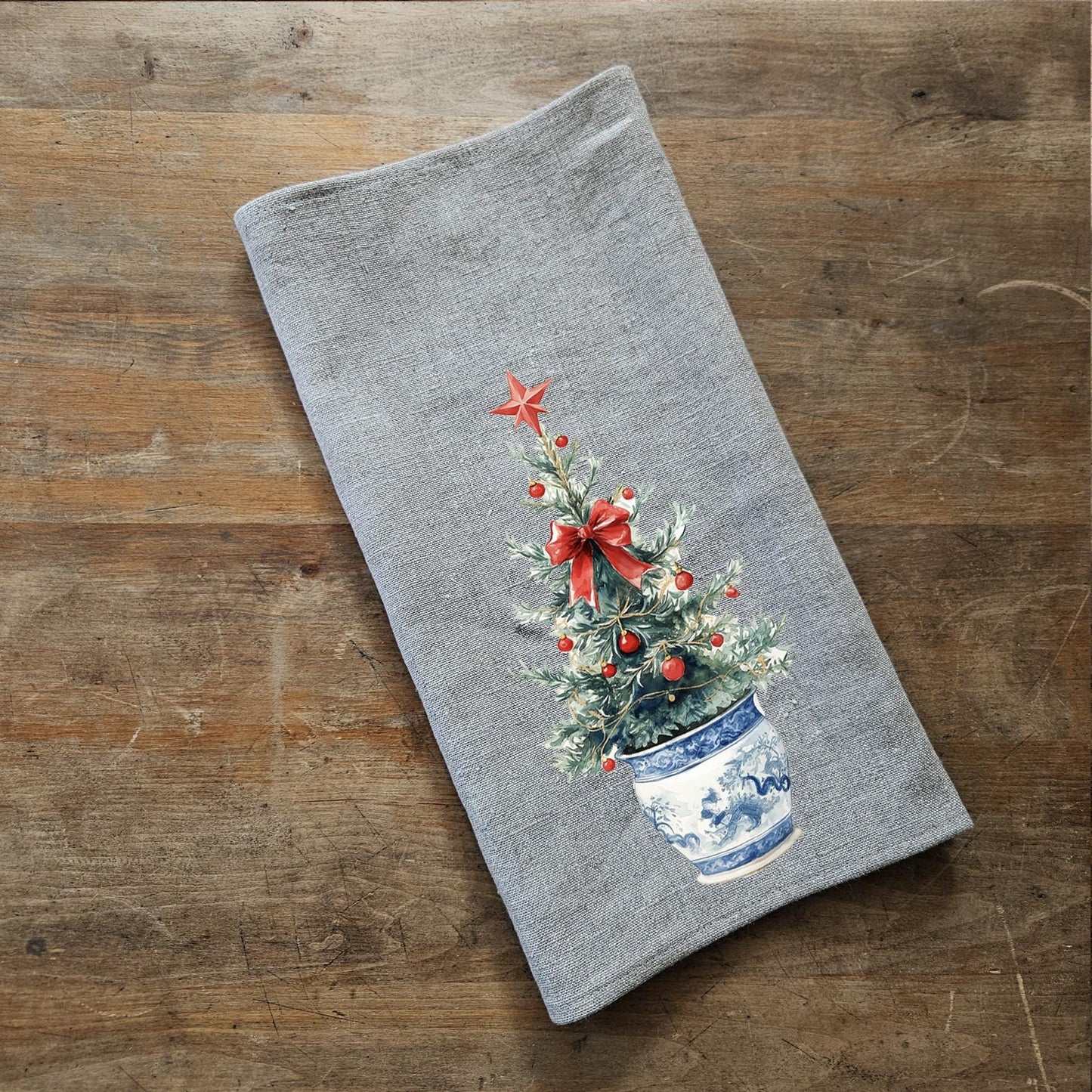 Christmas Tea Towel in linen, Christmas wreath Hand Towels Tea, linen Dish Towel Holiday Kitchen Décor Tea Towel