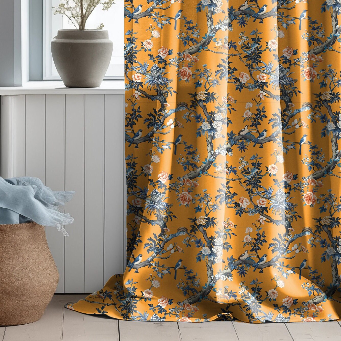 Linen floral Curtain Panels with toile de jouy print, Curtains for living room or bedroom in orange yellow, coutry house style curtains