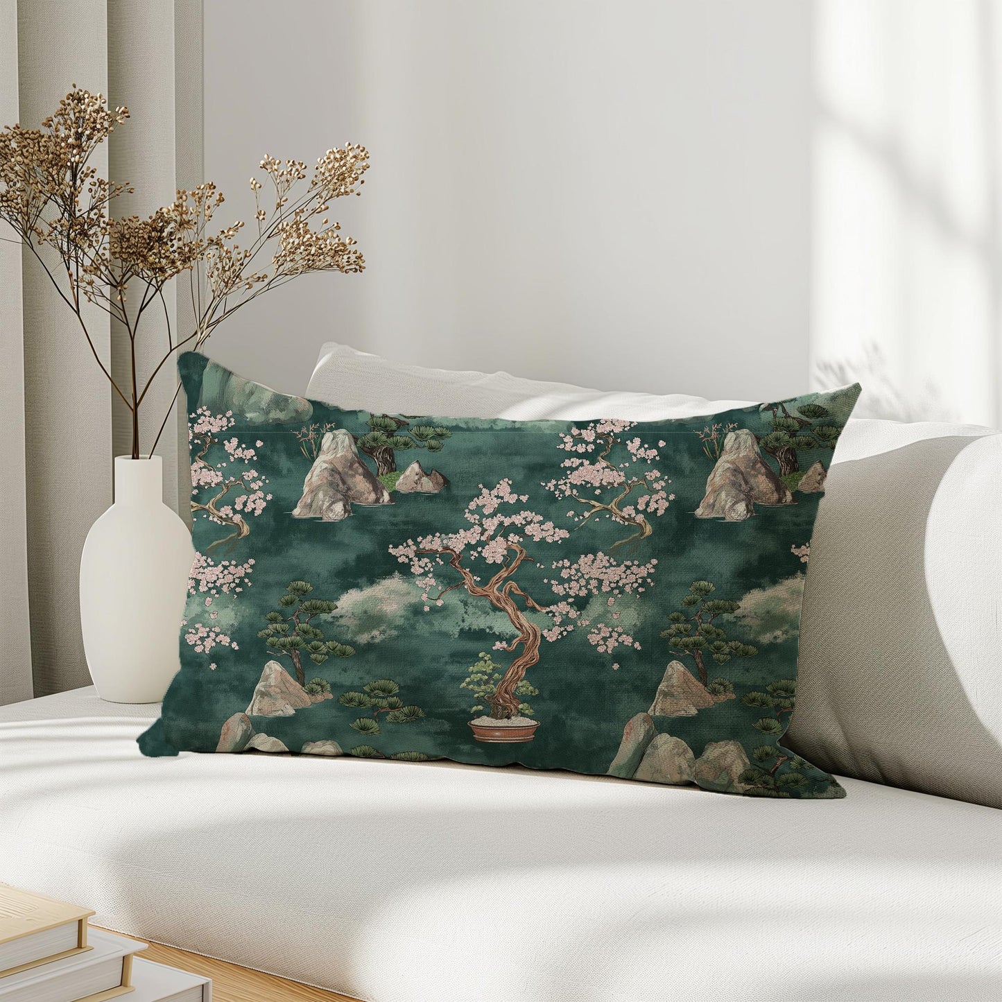 Designer Zen garden on Linen Pillow Cover - green Japandi Pillow - Contemporary Floral Block printed pillow on flax
