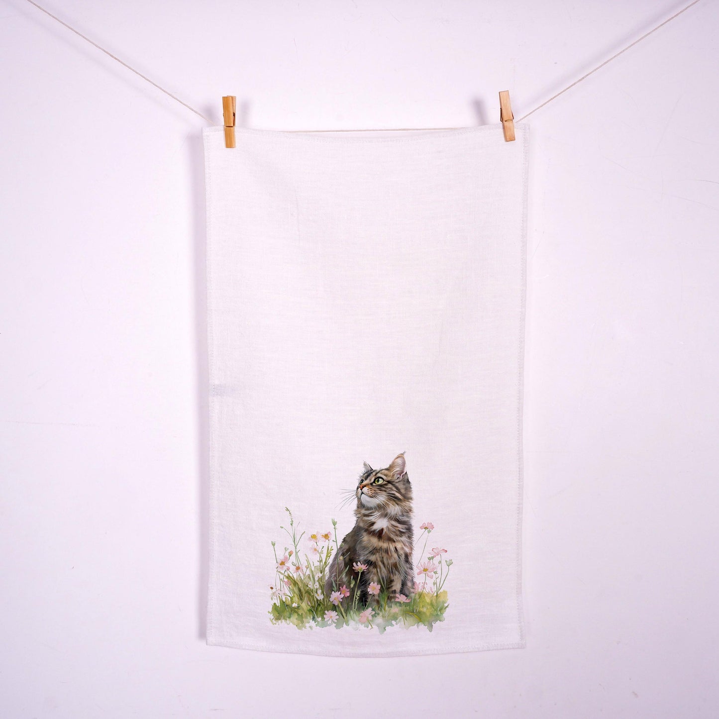 Cat in meadow Towel in linen - blue white block print Hand Tea towels - Farmhouse Floral Dish Décor Kitchen Towel with brids on trees