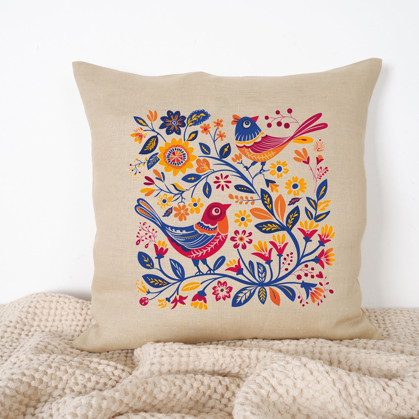 SALE LINEN Cushion cover Nordic folk art beige , decorative linen pillow cover , Floral Summer Woodland Cushion Housewarming Gift