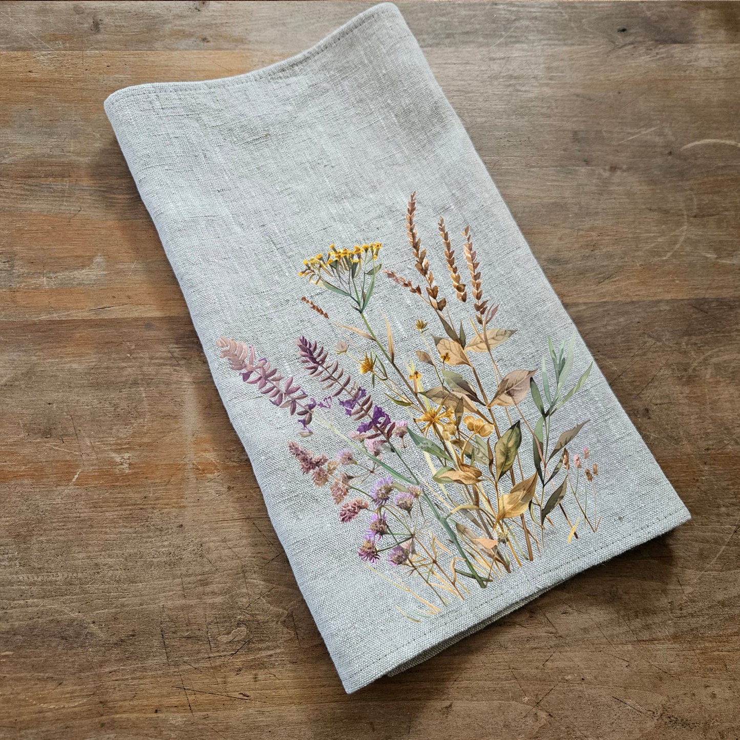 violet floral Tea Towel in linen, Botanical Hand Towels Tea in linen, meadow flowers linen Dish Towel Kitchen Décor Tea Towel in linen