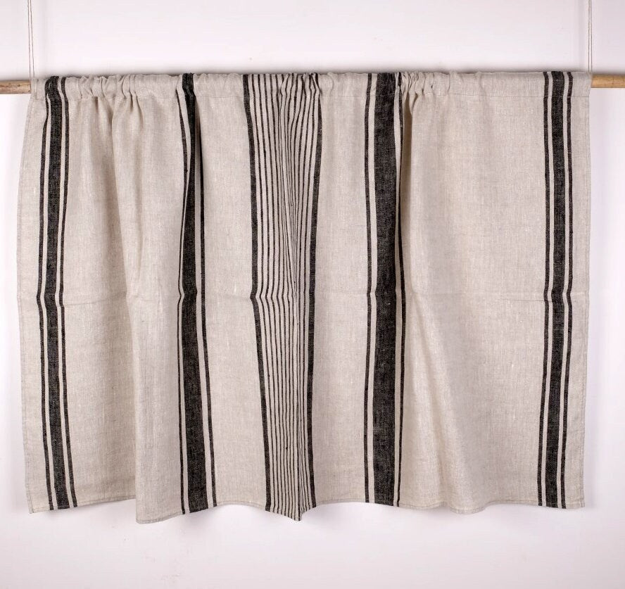 Curtains 100% Linen striped PREWASHED - window panel. kitchen Living room farmhouse curtains. Grain Sack flax. Bedroom